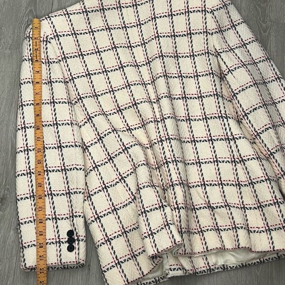 Vtg 90s Plaid Windowpane Blazer Academia Classic Ivory Navy blue Red 12 L - Picture 14 of 15